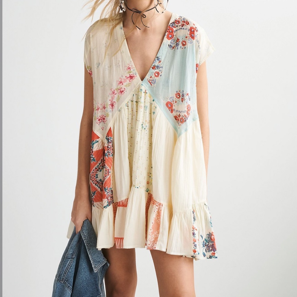 Free People Mended with Scarves Pieced Mixed Printed Colorful Mini Dress